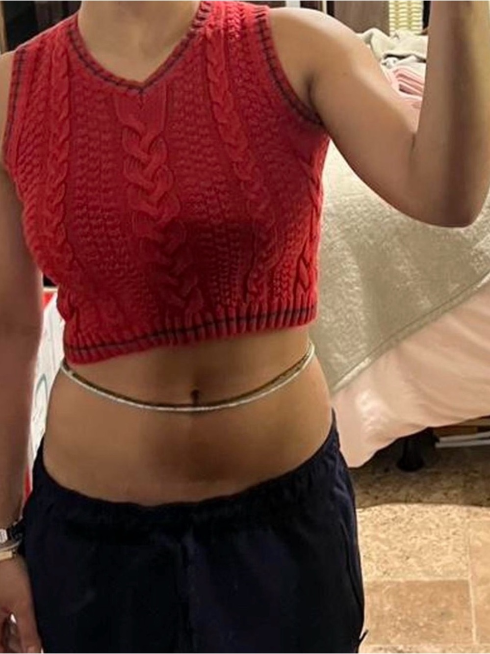 American Vintage Red Cable-Knit Cropped Tank